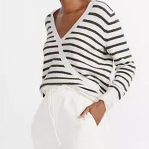 NWT Madewell Elthorne Faux Wrap Green Striped Wool Alpaca Blend Sweater